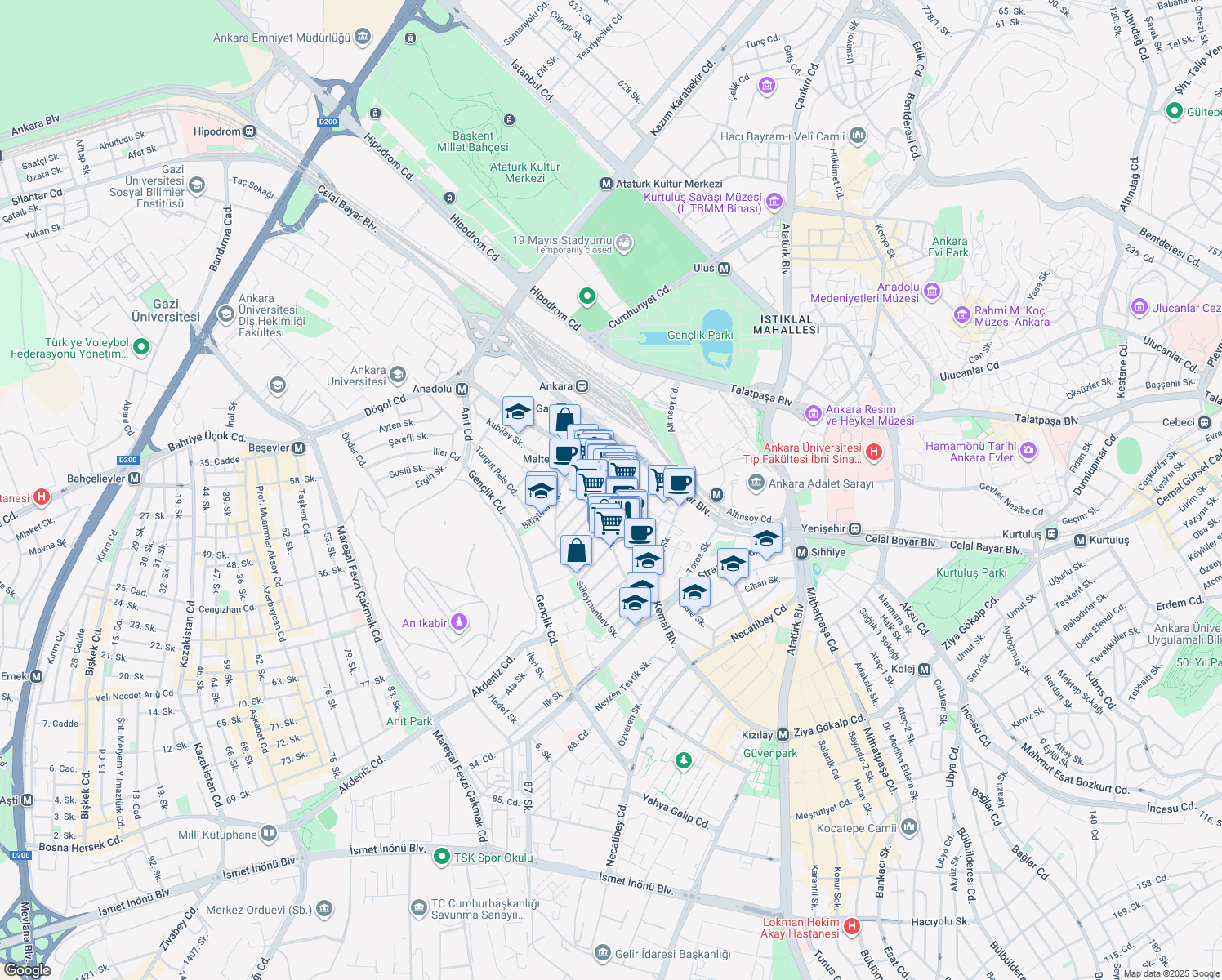 map of restaurants, bars, coffee shops, grocery stores, and more near 88 Gazi Mustafa Kemal Bulvarı in Çankaya