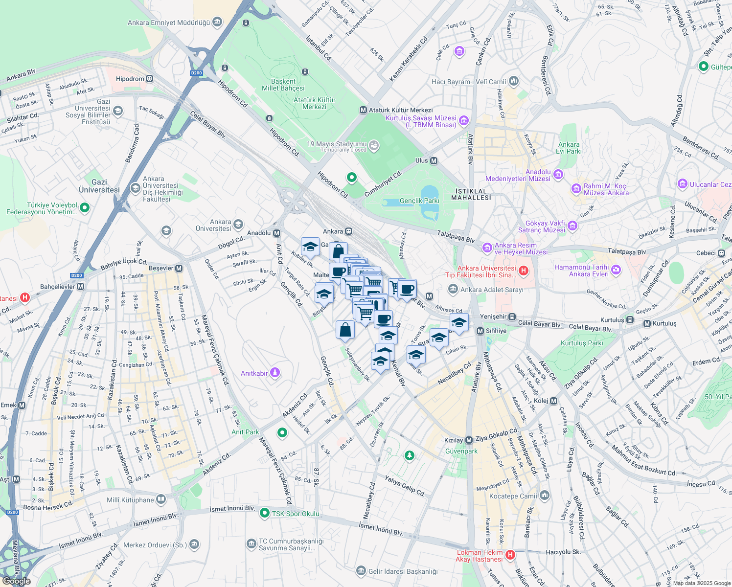 map of restaurants, bars, coffee shops, grocery stores, and more near 88 Gazi Mustafa Kemal Bulvarı in Çankaya