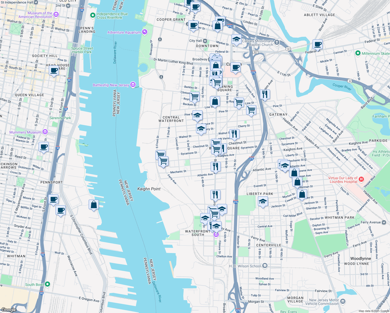 map of restaurants, bars, coffee shops, grocery stores, and more near 323 Kaighns Avenue in Camden