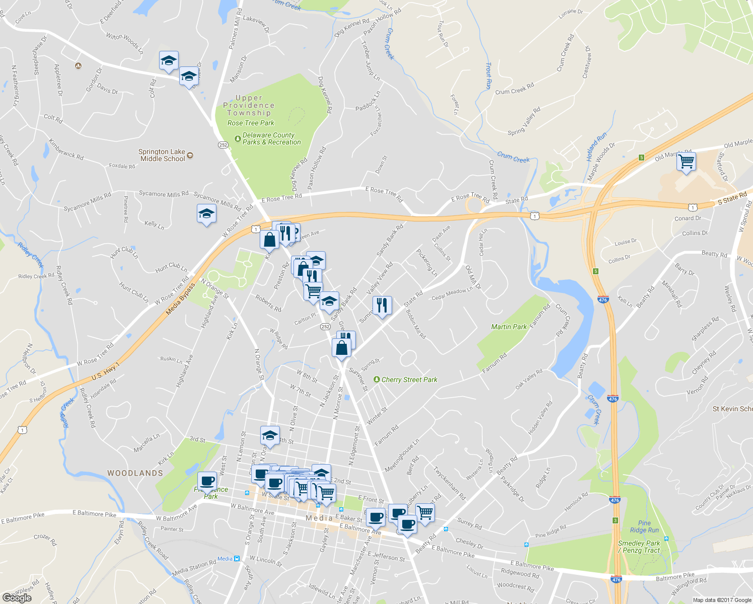 map of restaurants, bars, coffee shops, grocery stores, and more near 220 Summit Road in Media