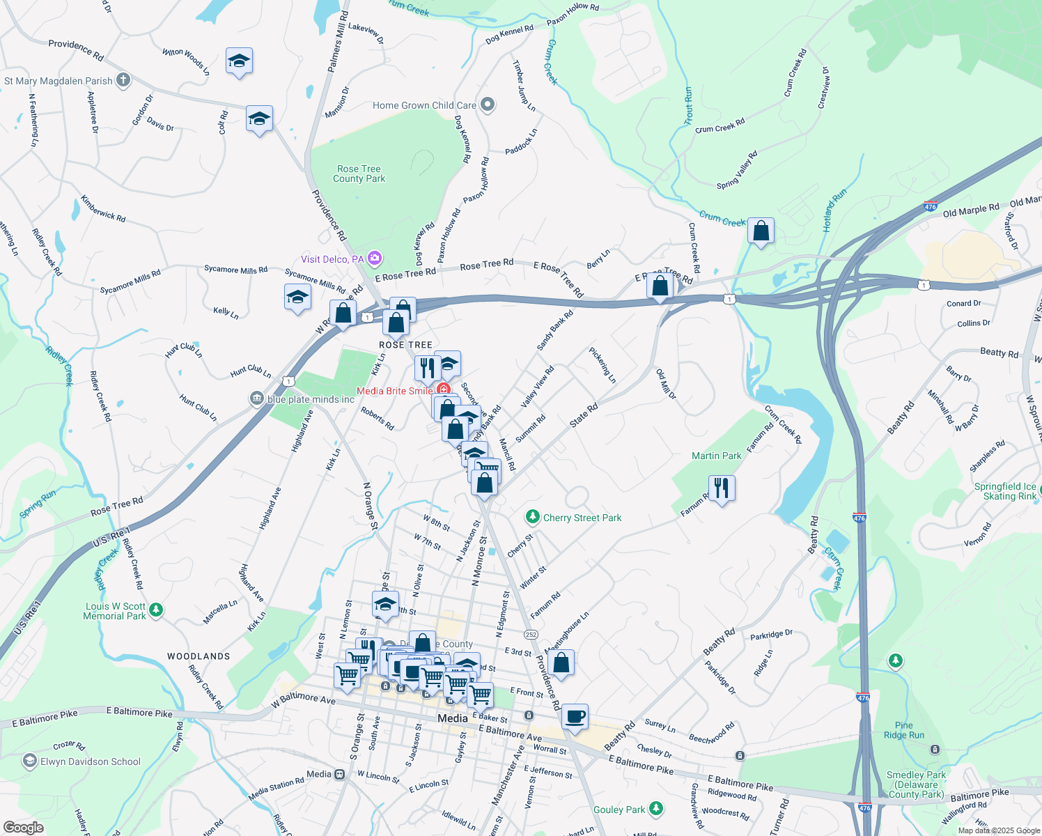 map of restaurants, bars, coffee shops, grocery stores, and more near 209 Valley View Road in Media