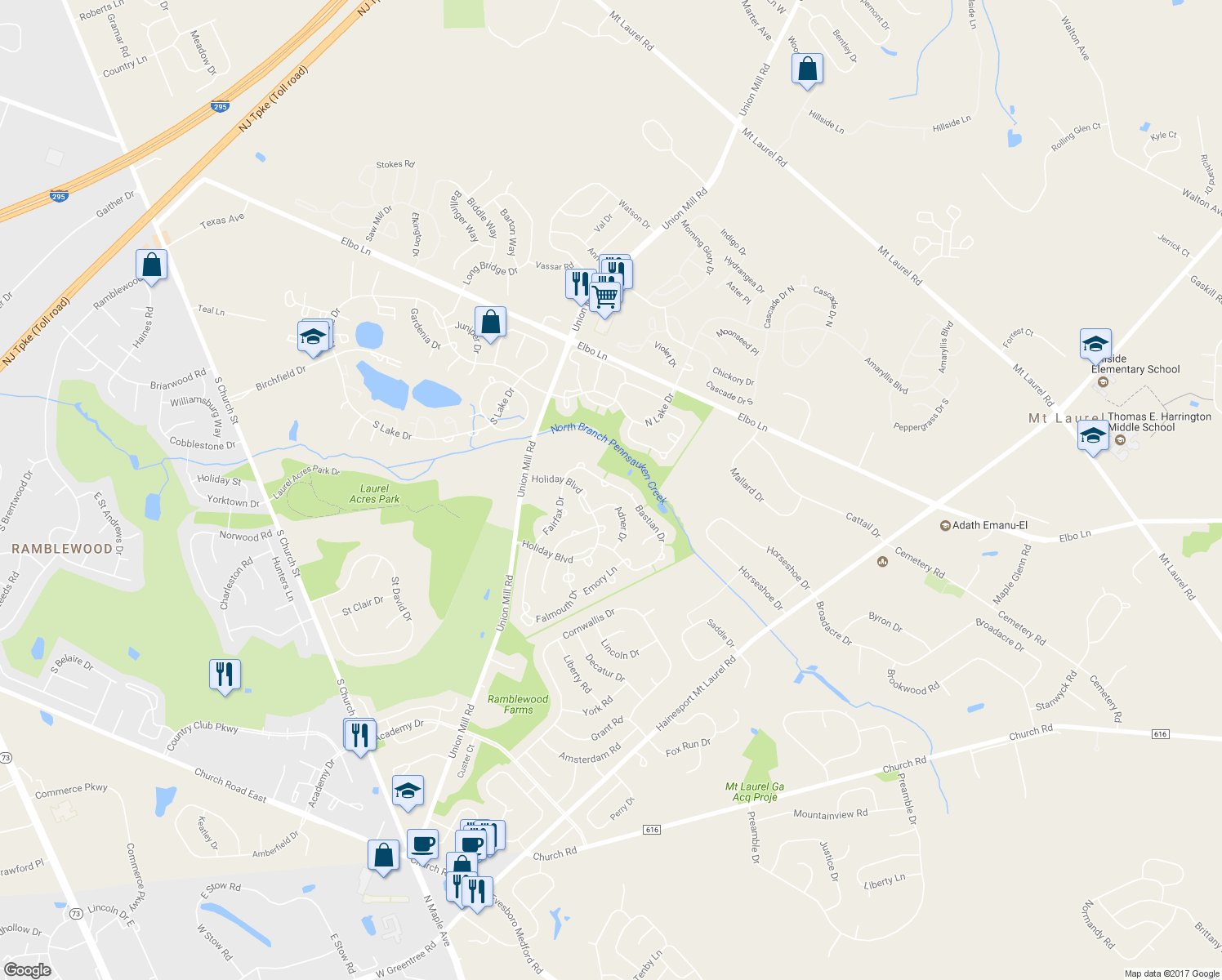 map of restaurants, bars, coffee shops, grocery stores, and more near 29 Bastian Drive in Mount Laurel