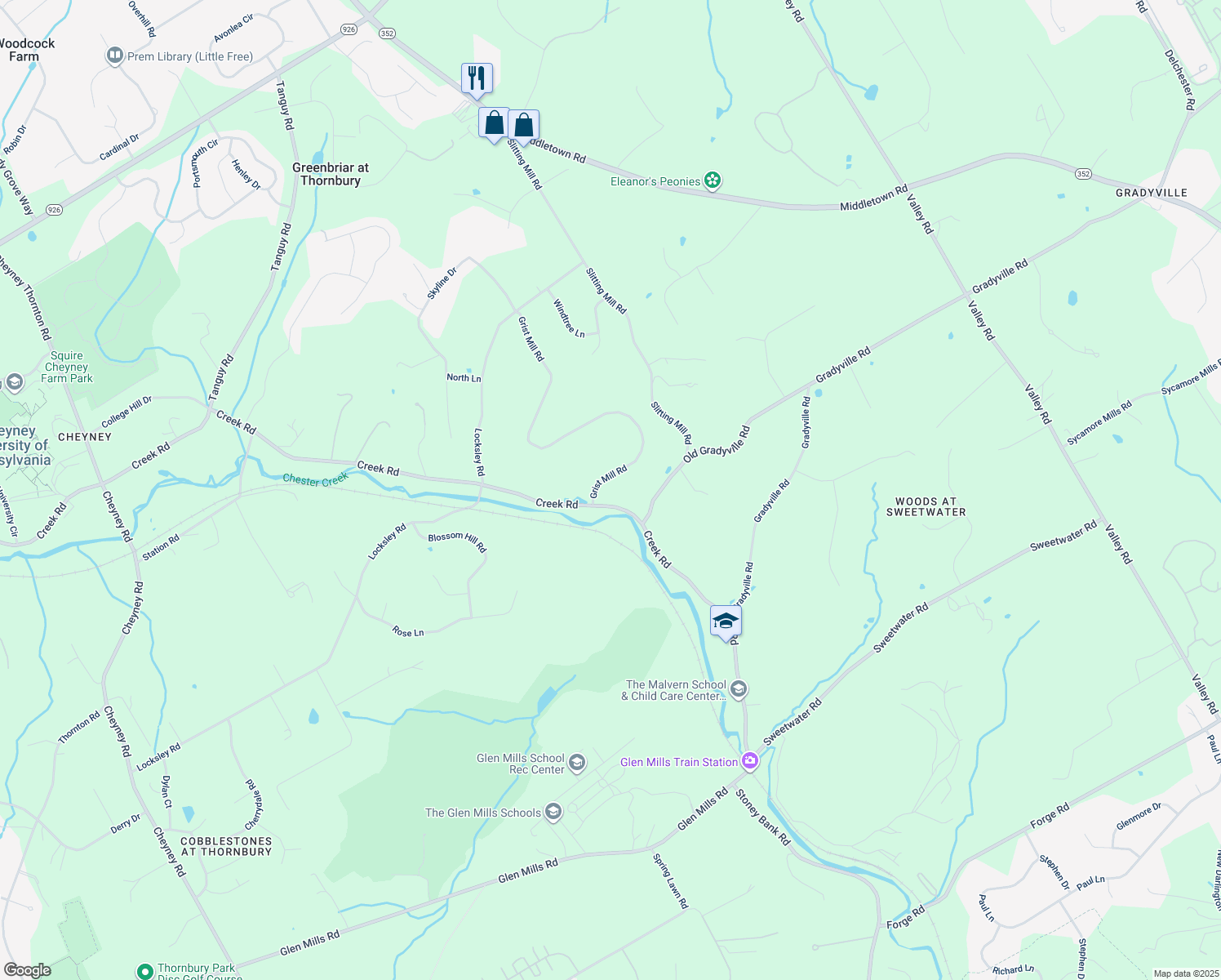 map of restaurants, bars, coffee shops, grocery stores, and more near 7 Grist Mill Road in Glen Mills