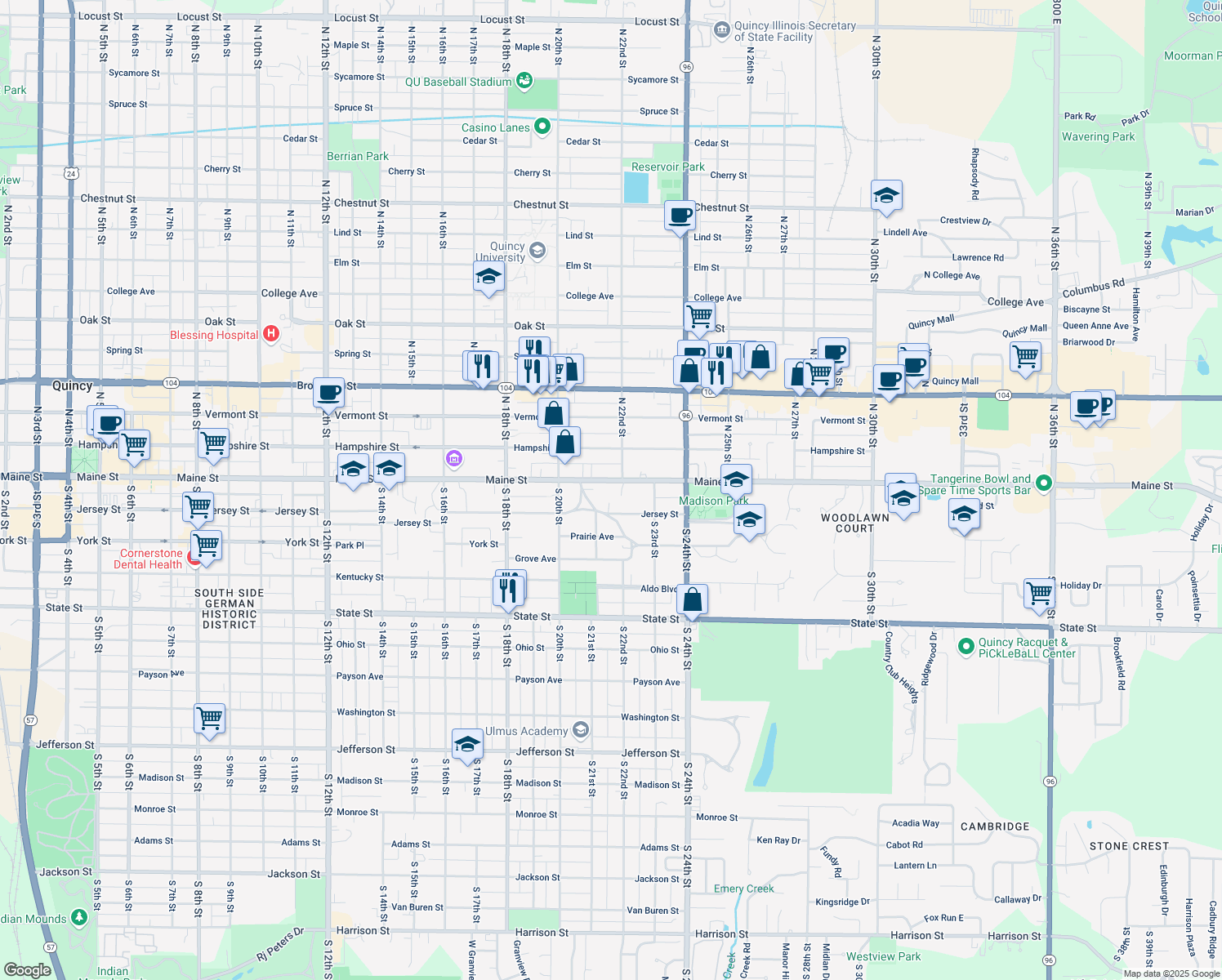 map of restaurants, bars, coffee shops, grocery stores, and more near 2174 Maine Street in Quincy