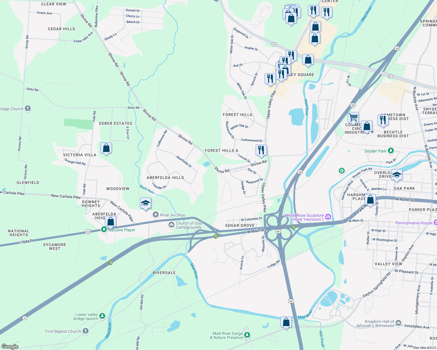 map of restaurants, bars, coffee shops, grocery stores, and more near 341 Oakridge Drive in Springfield