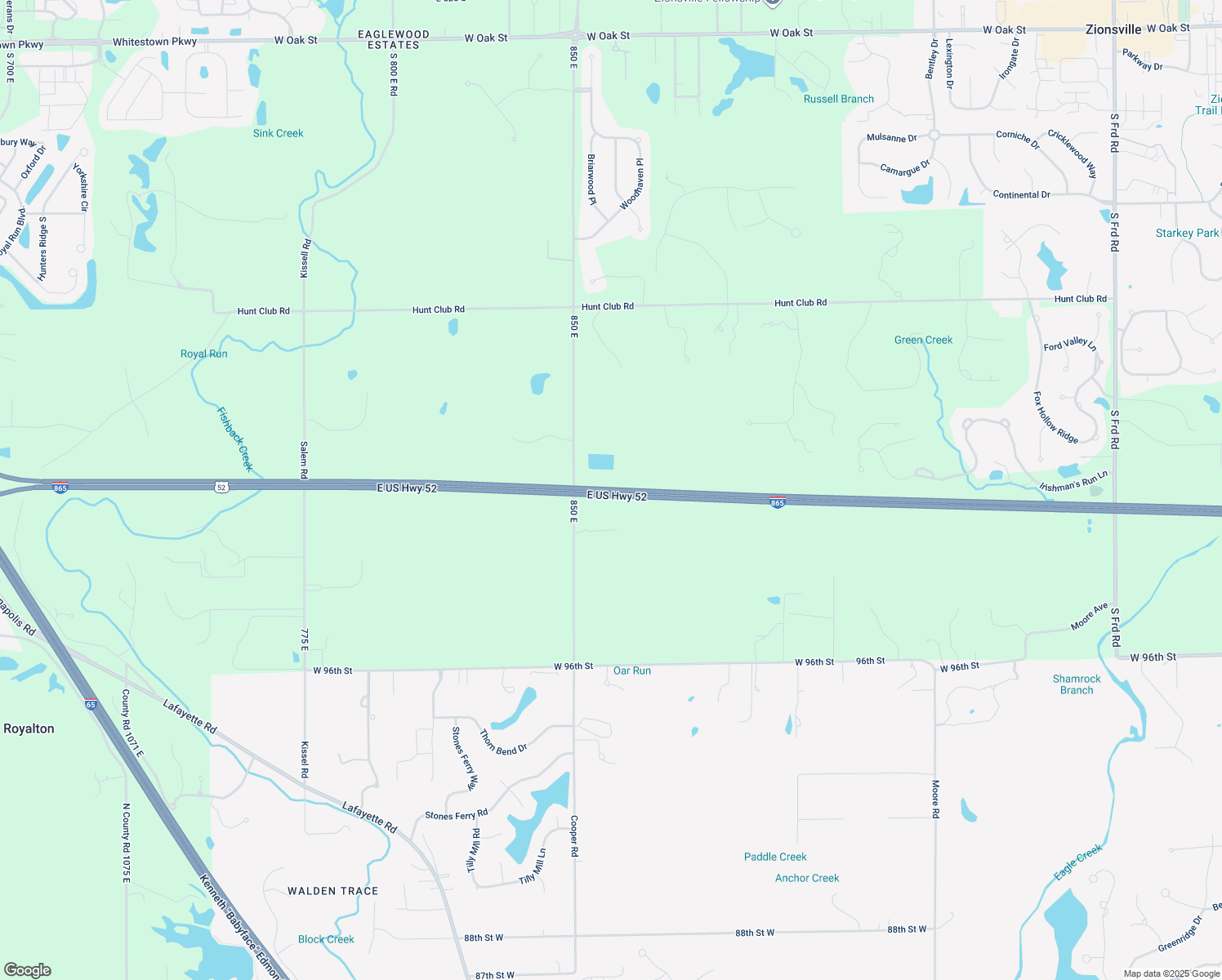 map of restaurants, bars, coffee shops, grocery stores, and more near Interstate 865 in Zionsville