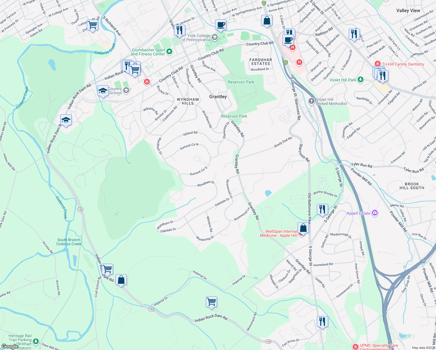 map of restaurants, bars, coffee shops, grocery stores, and more near 850 Westover Lane in York
