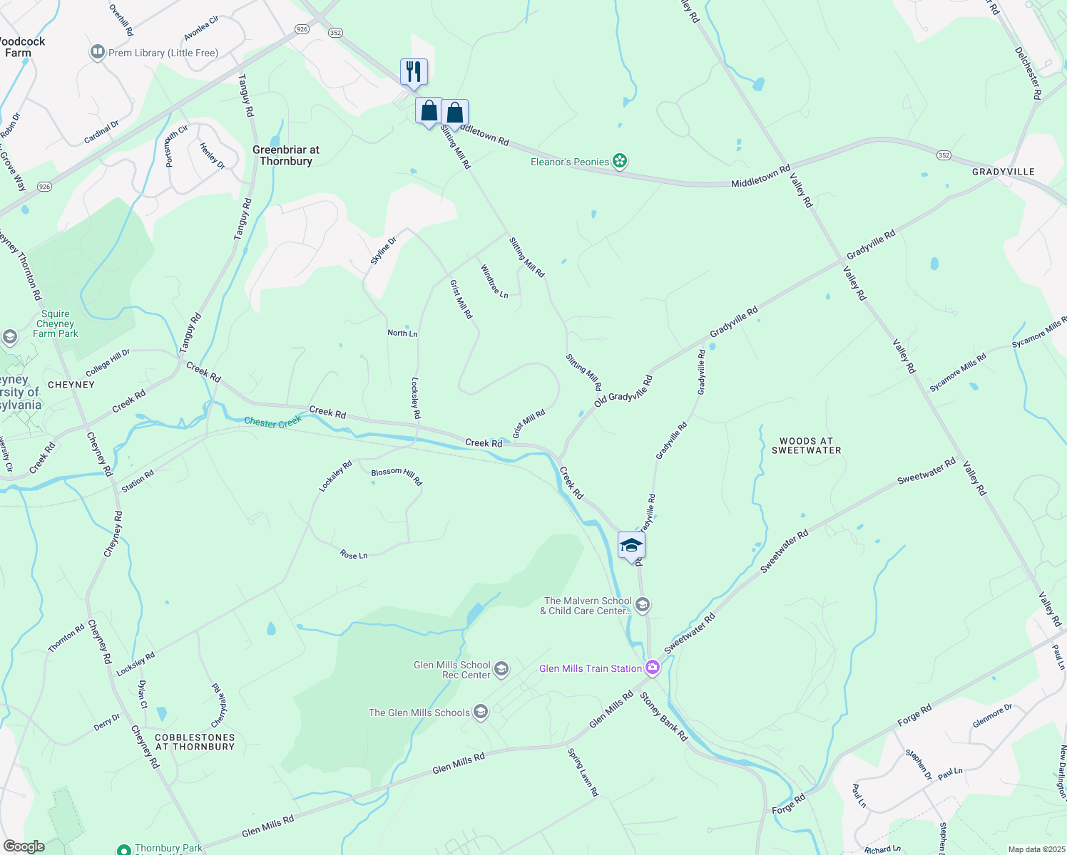 map of restaurants, bars, coffee shops, grocery stores, and more near 7 Grist Mill Road in Glen Mills