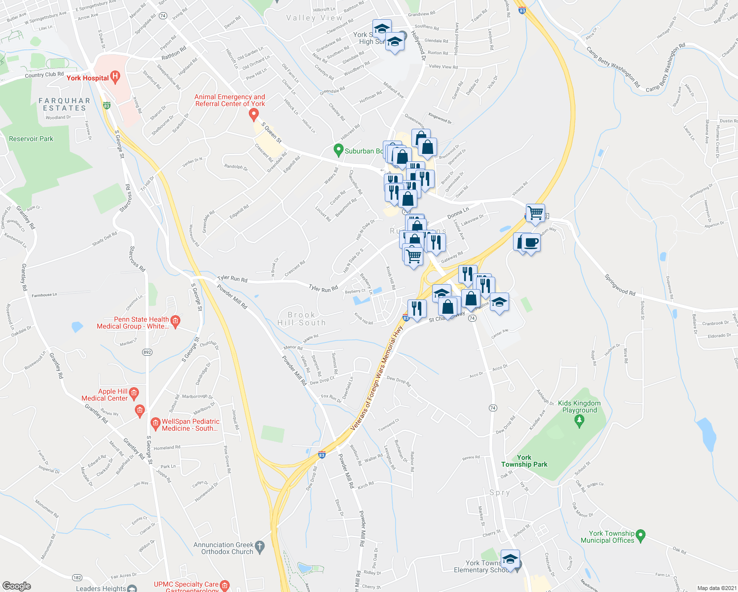 map of restaurants, bars, coffee shops, grocery stores, and more near 2148 Bayberry Lane in York