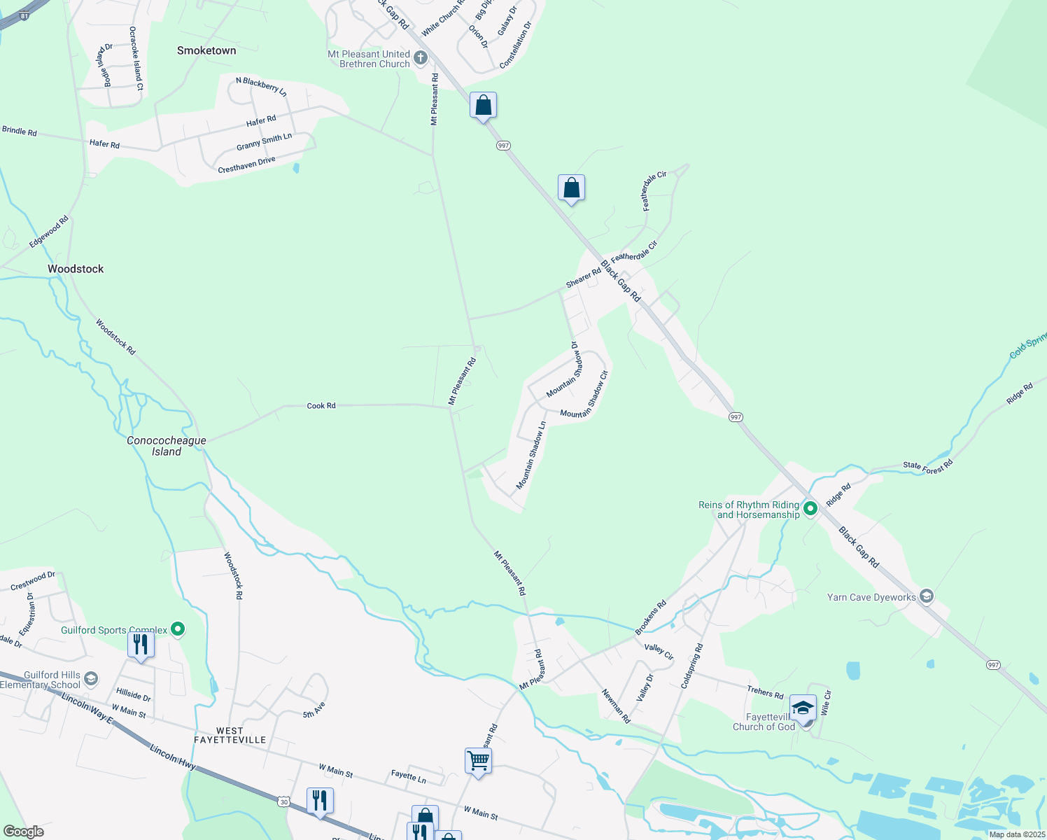 map of restaurants, bars, coffee shops, grocery stores, and more near 3668 Mountain Shadow Drive in Fayetteville