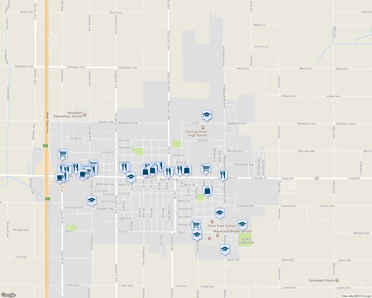 map of restaurants, bars, coffee shops, grocery stores, and more near 803 Tehama Street in Corning