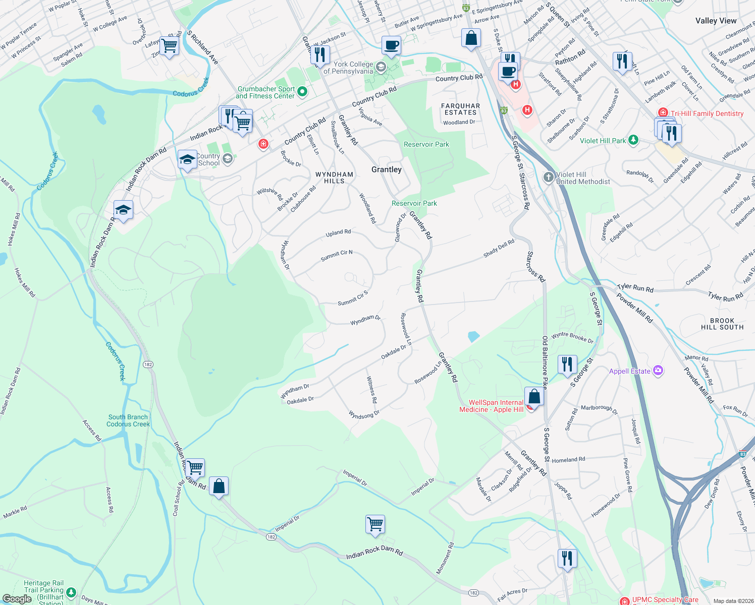 map of restaurants, bars, coffee shops, grocery stores, and more near 850 Westover Lane in York
