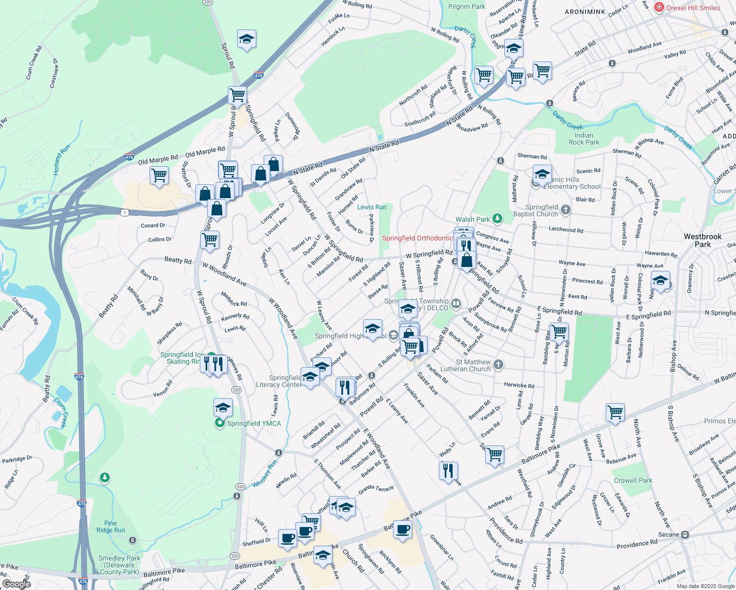 map of restaurants, bars, coffee shops, grocery stores, and more near 182 Reese Road in Springfield