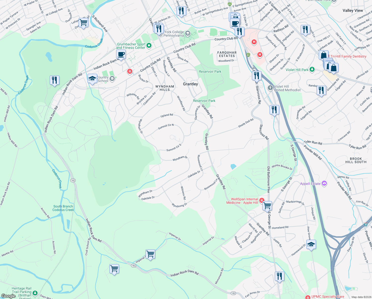 map of restaurants, bars, coffee shops, grocery stores, and more near 850 Westover Lane in York