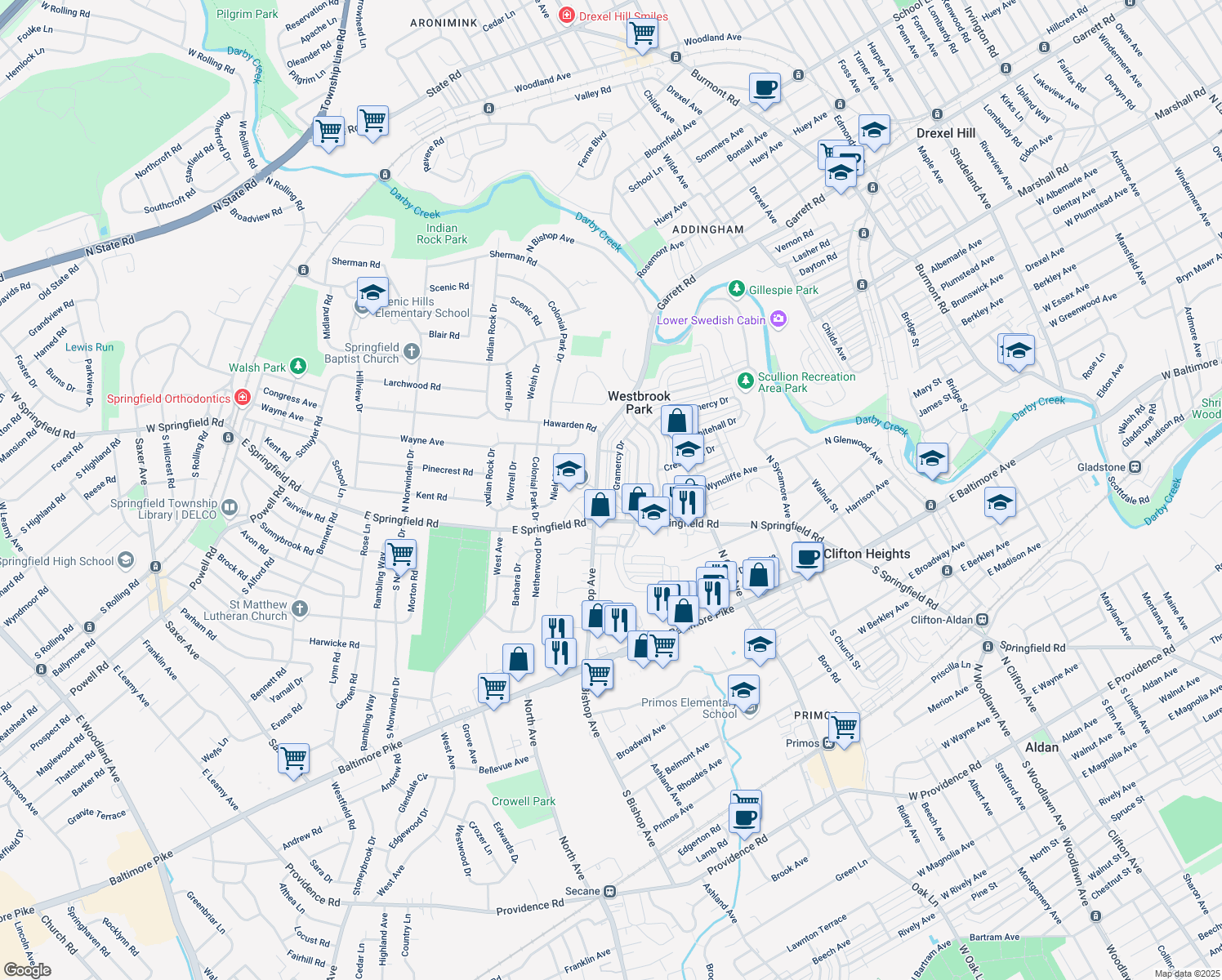 map of restaurants, bars, coffee shops, grocery stores, and more near 246 Gramercy Drive in Clifton Heights