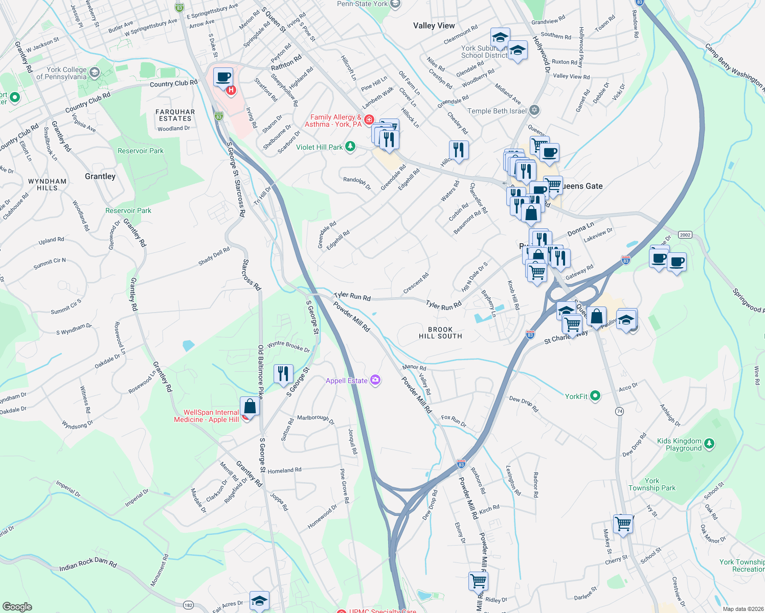 map of restaurants, bars, coffee shops, grocery stores, and more near 70 Tyler Run Road in York