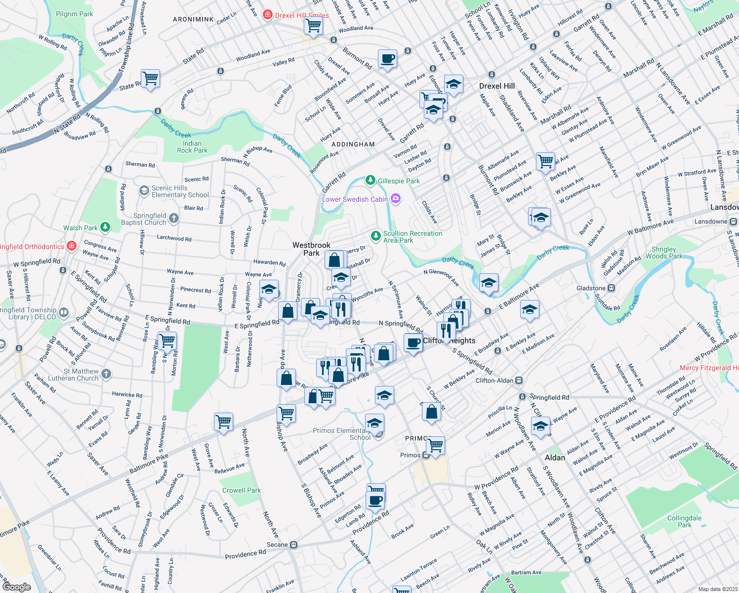 map of restaurants, bars, coffee shops, grocery stores, and more near 220 West Wyncliffe Avenue in Clifton Heights