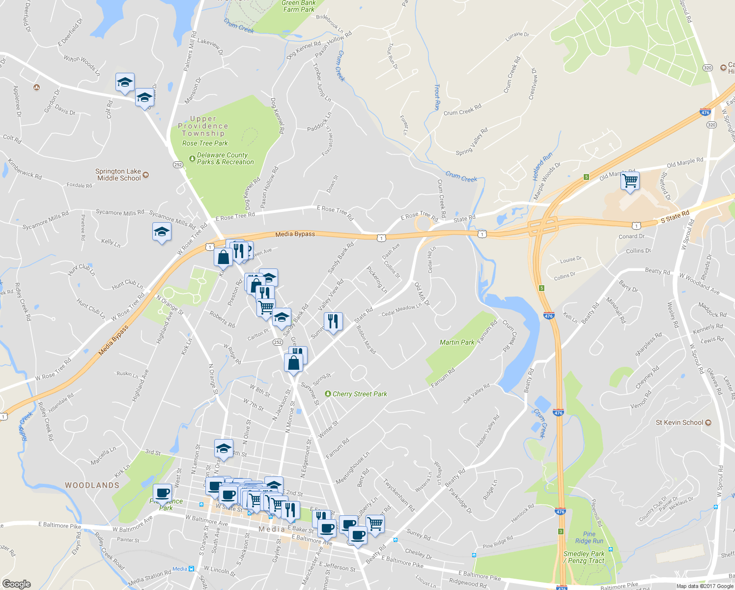 map of restaurants, bars, coffee shops, grocery stores, and more near 813 Valley View Road in Media