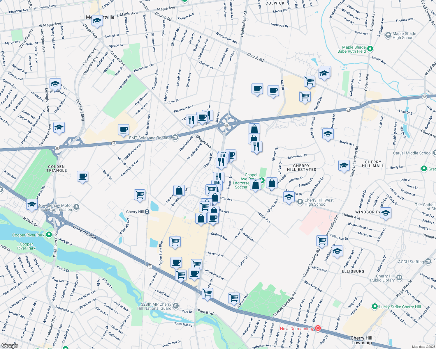 map of restaurants, bars, coffee shops, grocery stores, and more near 599 Haddonfield Road in Cherry Hill
