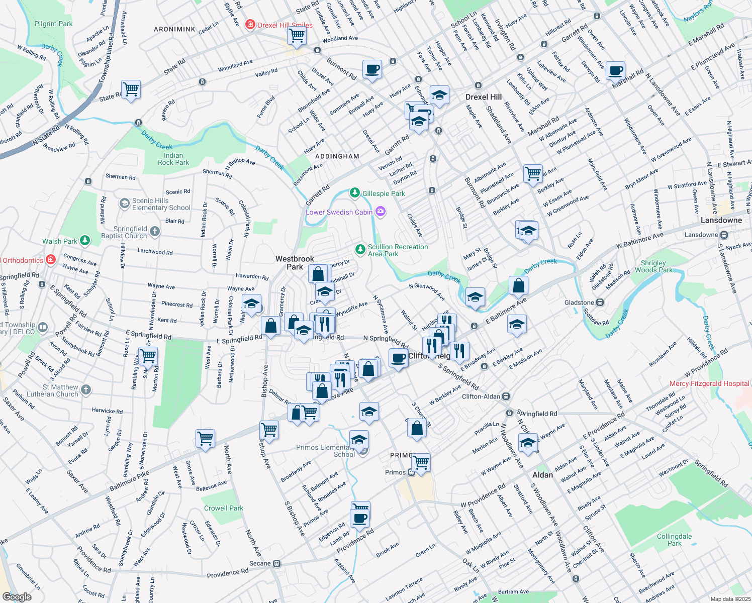 map of restaurants, bars, coffee shops, grocery stores, and more near 7 West Wyncliffe Avenue in Clifton Heights