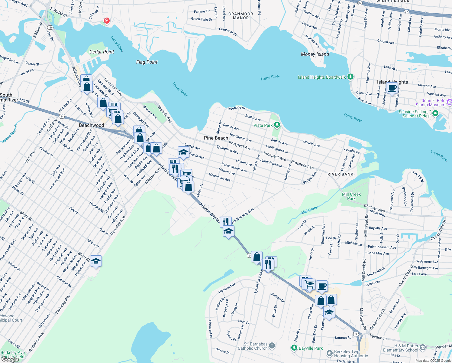 map of restaurants, bars, coffee shops, grocery stores, and more near 427 Monmouth Avenue in Pine Beach