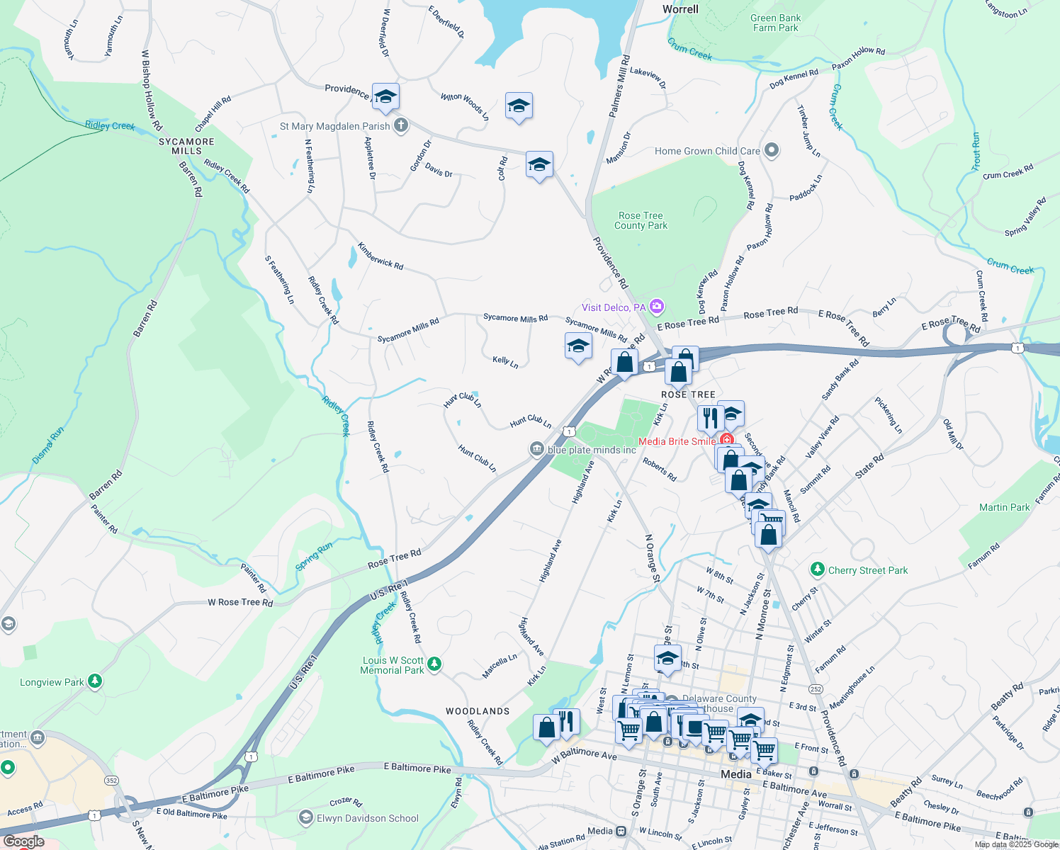 map of restaurants, bars, coffee shops, grocery stores, and more near 1204 Hunt Club Lane in Media