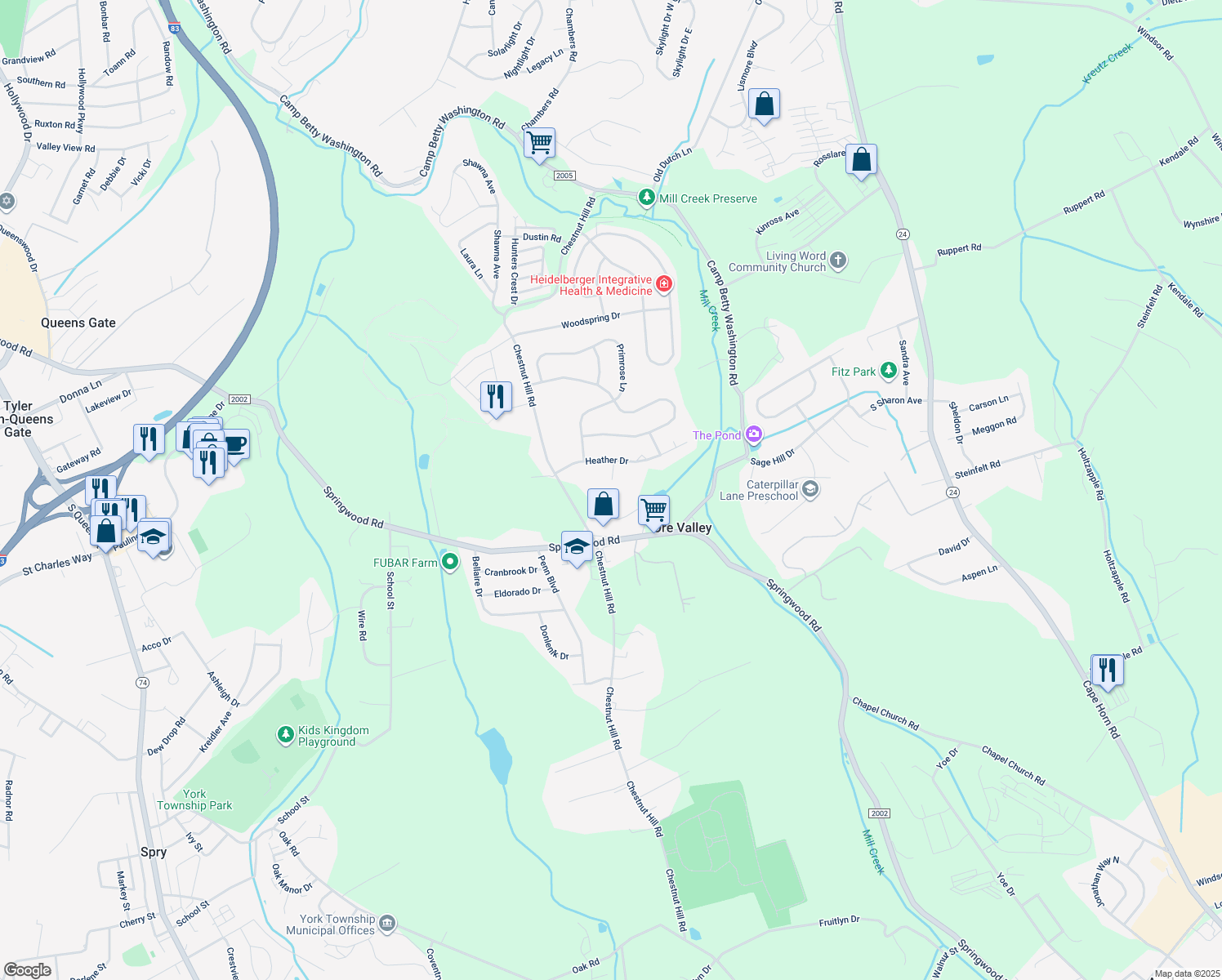 map of restaurants, bars, coffee shops, grocery stores, and more near 550 Willow Court in York