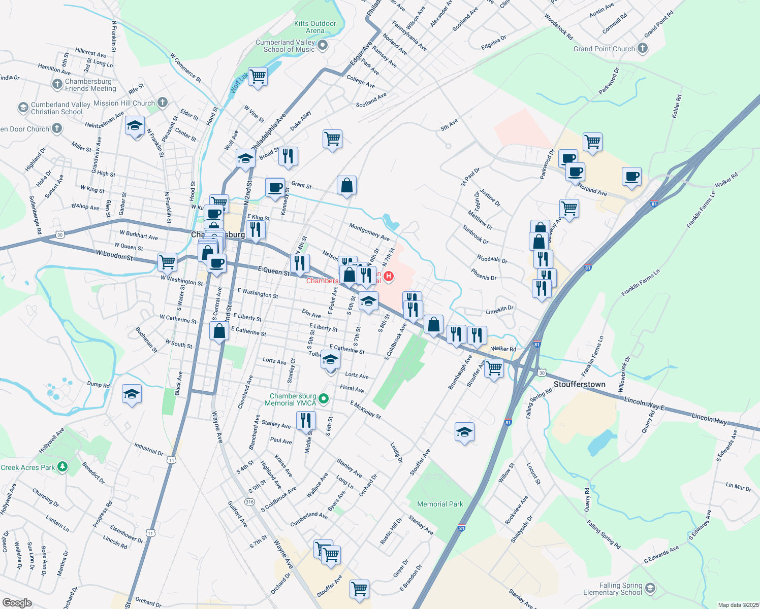 map of restaurants, bars, coffee shops, grocery stores, and more near 714 Lincoln Way East in Chambersburg
