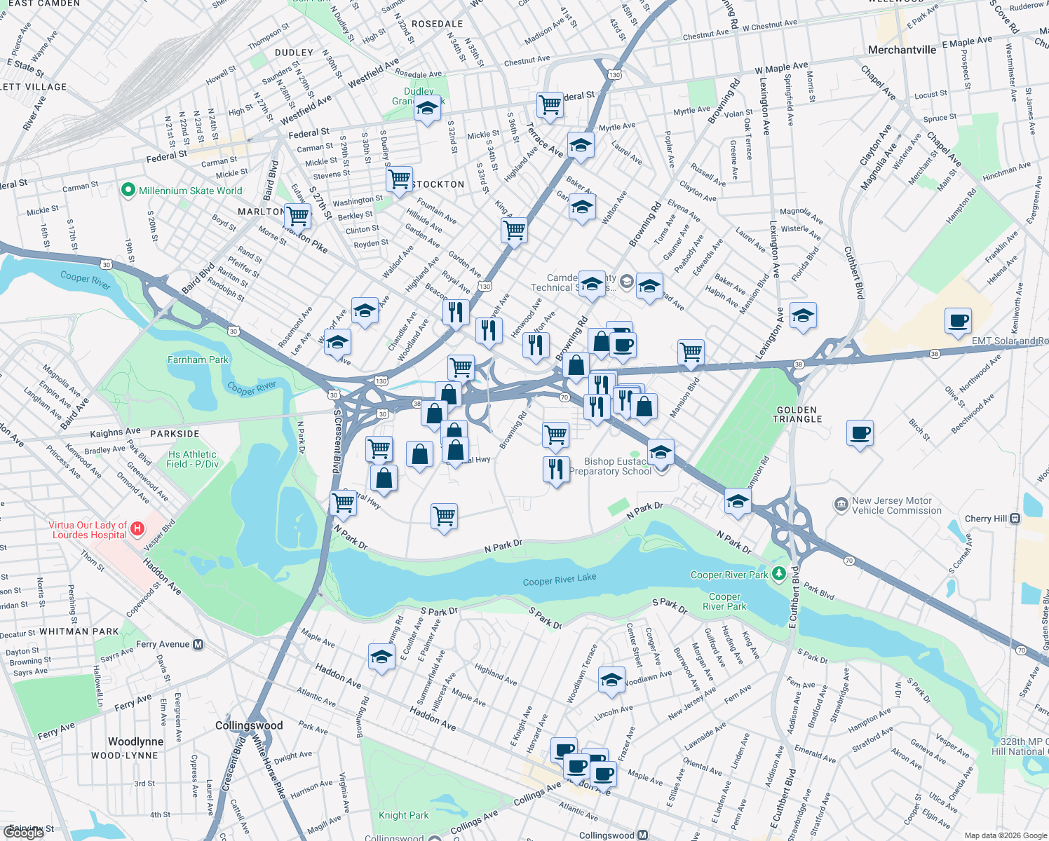 map of restaurants, bars, coffee shops, grocery stores, and more near 7016 Browning Rd in Pennsauken Township