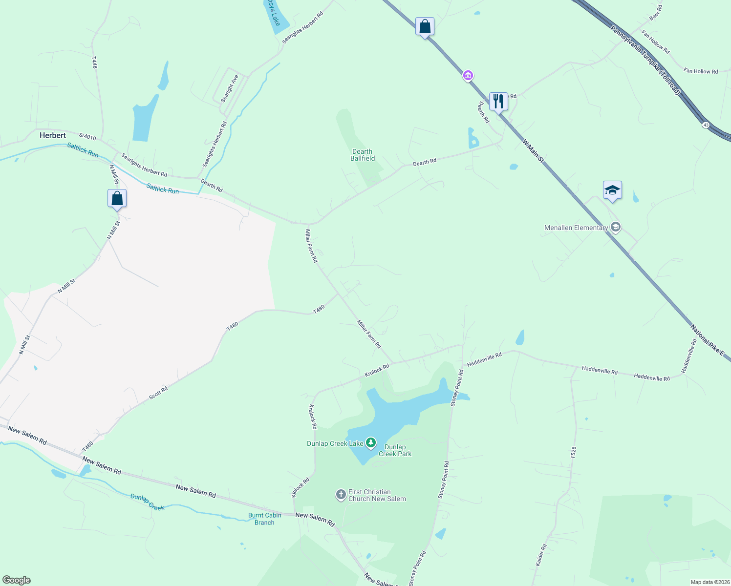 map of restaurants, bars, coffee shops, grocery stores, and more near 519 Miller Farm Ln in Uniontown