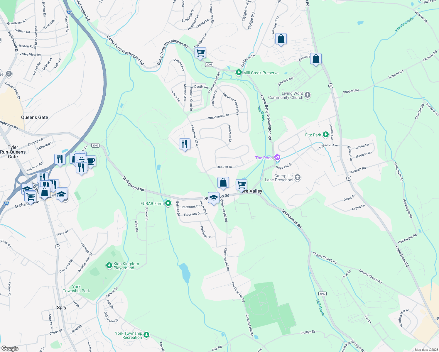 map of restaurants, bars, coffee shops, grocery stores, and more near 566 Chestnut Hill Road in York