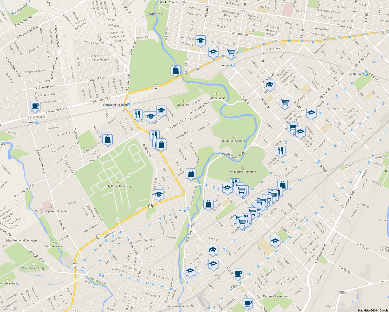 map of restaurants, bars, coffee shops, grocery stores, and more near 826 West Cobbs Creek Parkway in Yeadon
