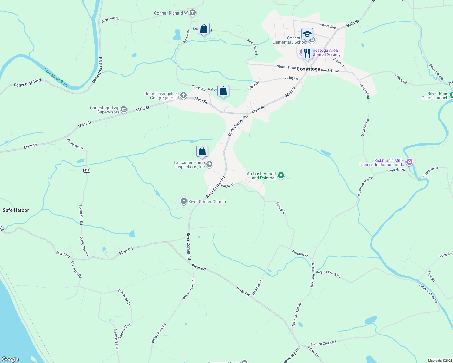 map of restaurants, bars, coffee shops, grocery stores, and more near 5 Hilltop Drive in Conestoga