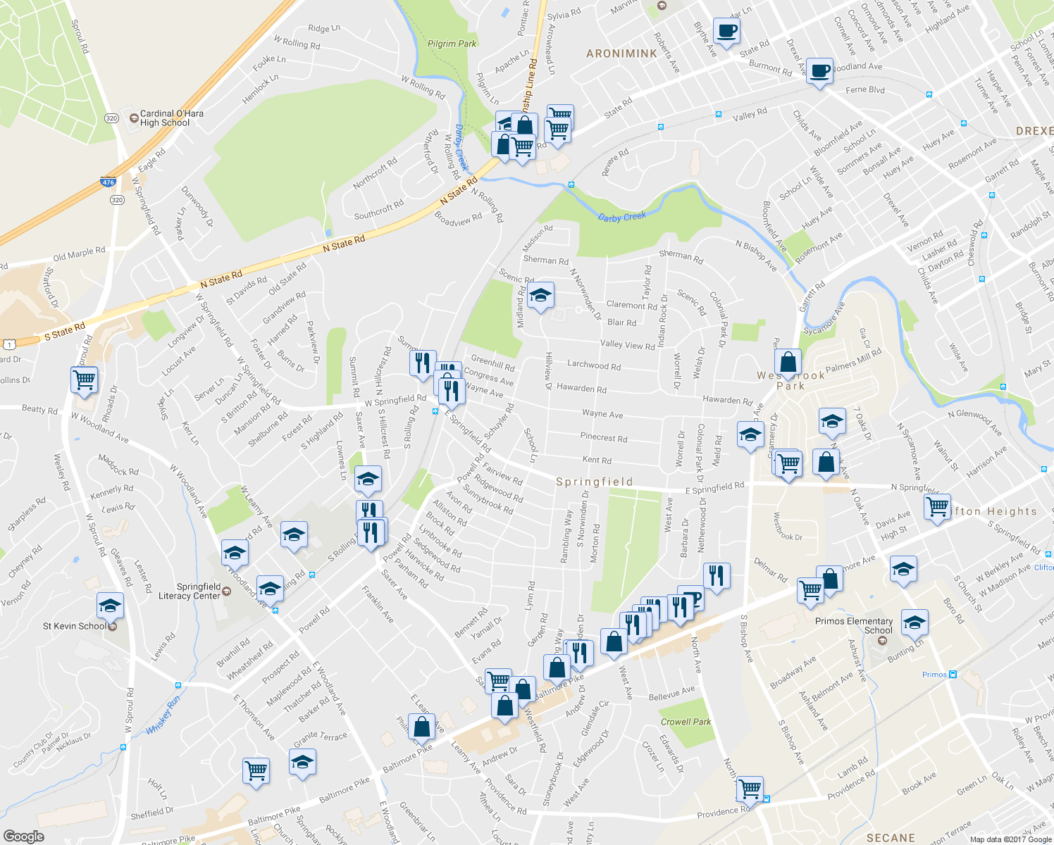 map of restaurants, bars, coffee shops, grocery stores, and more near 227 School Lane in Springfield