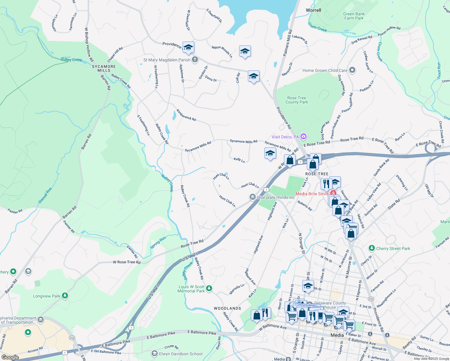 map of restaurants, bars, coffee shops, grocery stores, and more near 1232 Hunt Club Lane in Media