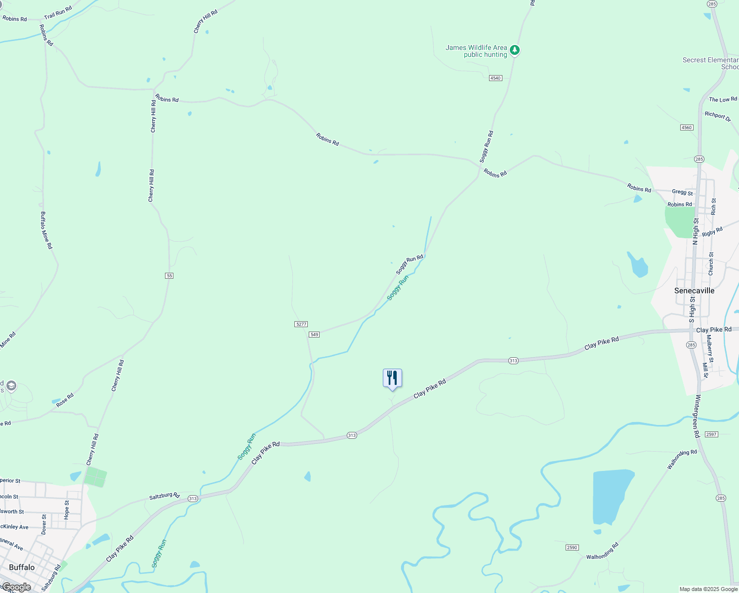 map of restaurants, bars, coffee shops, grocery stores, and more near 57689 Soggy Run Road in Senecaville