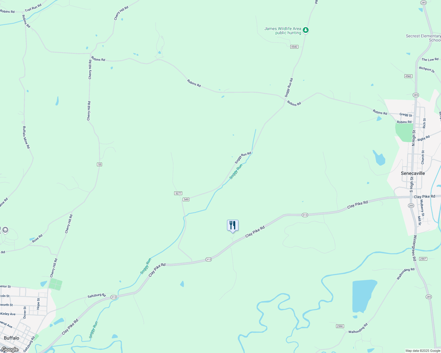map of restaurants, bars, coffee shops, grocery stores, and more near 57689 Soggy Run Road in Senecaville