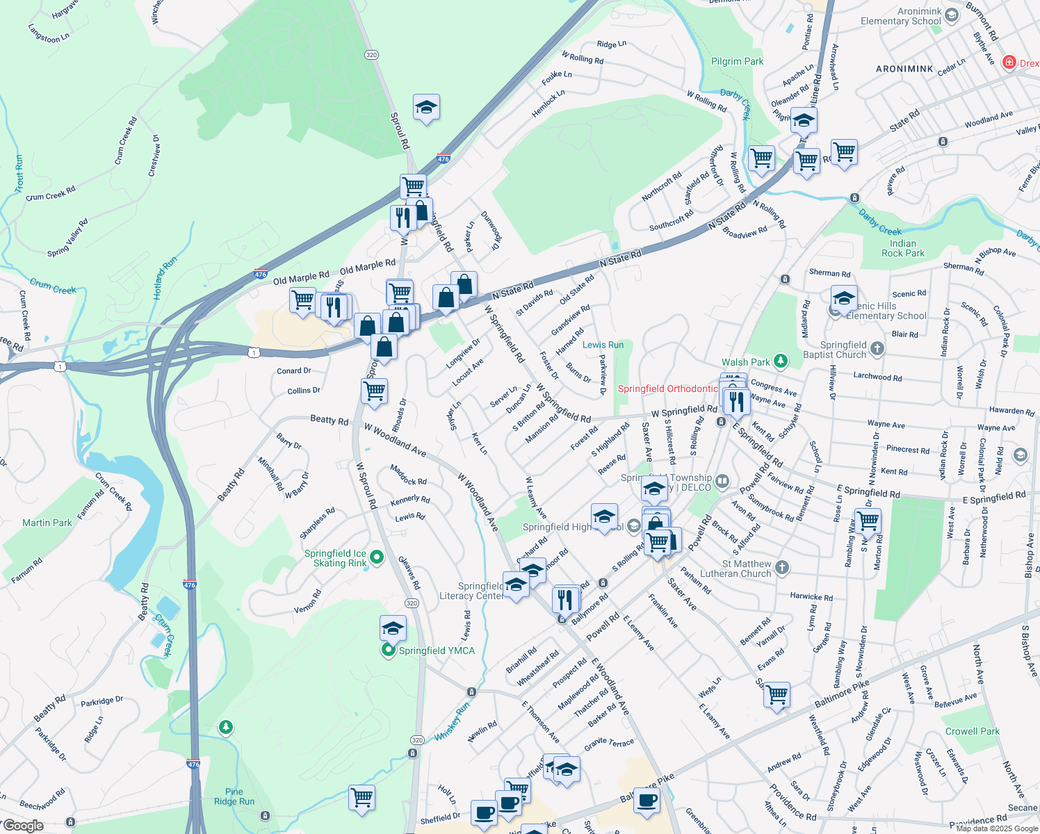 map of restaurants, bars, coffee shops, grocery stores, and more near 44 South Britton Road in Springfield