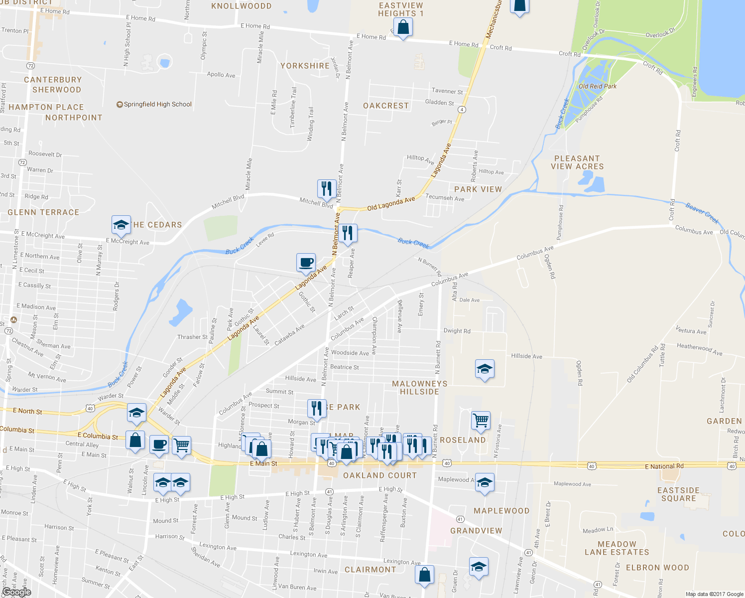 map of restaurants, bars, coffee shops, grocery stores, and more near 2219 Larch Street in Springfield