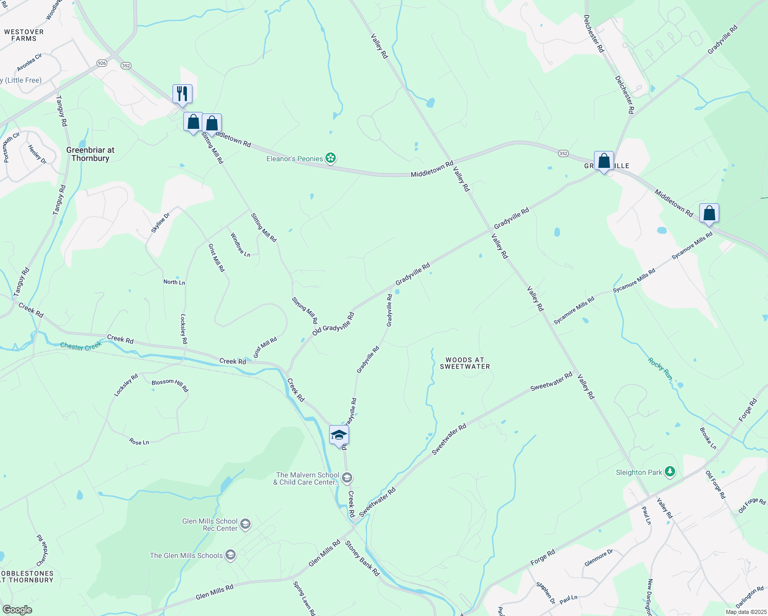 map of restaurants, bars, coffee shops, grocery stores, and more near 63 Gradyville Road in Glen Mills