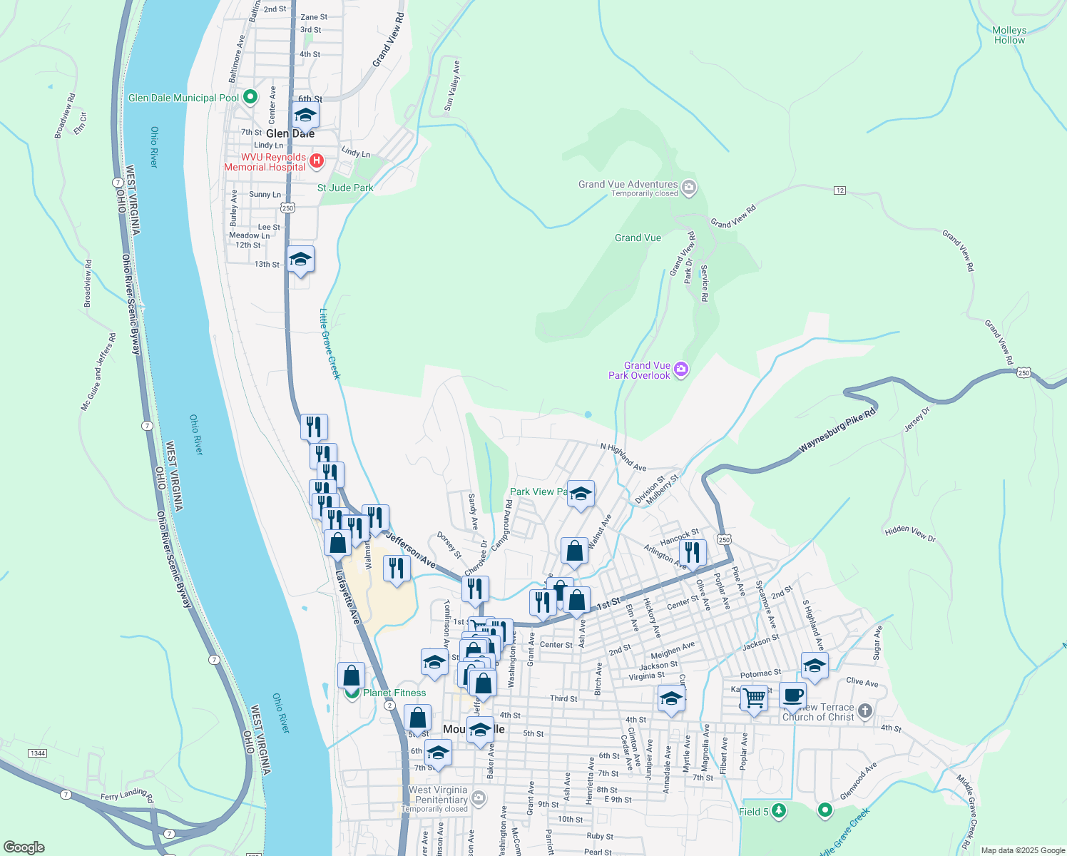map of restaurants, bars, coffee shops, grocery stores, and more near 76 N Highland Ave in Moundsville
