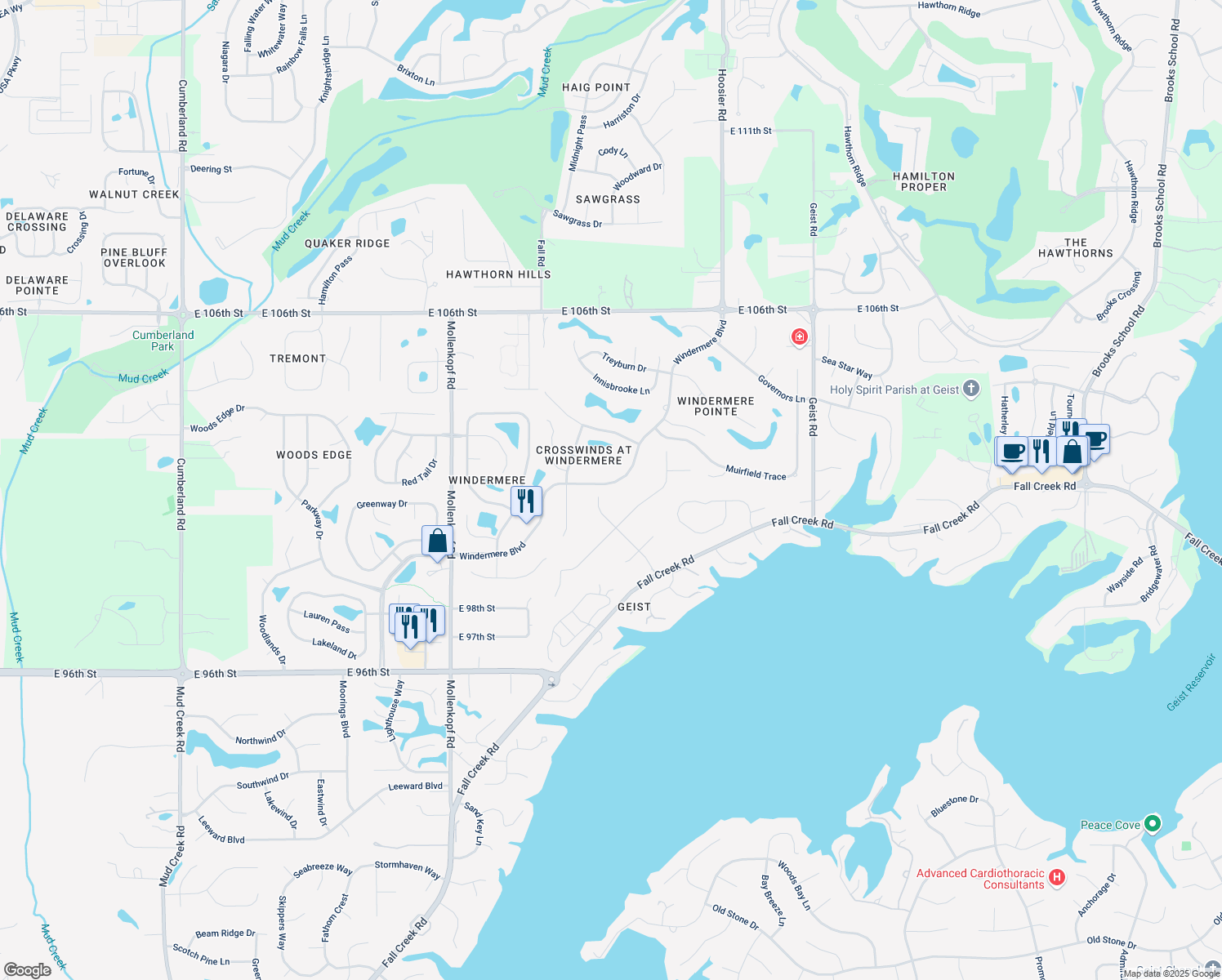 map of restaurants, bars, coffee shops, grocery stores, and more near 10991 Windermere Boulevard in Fishers