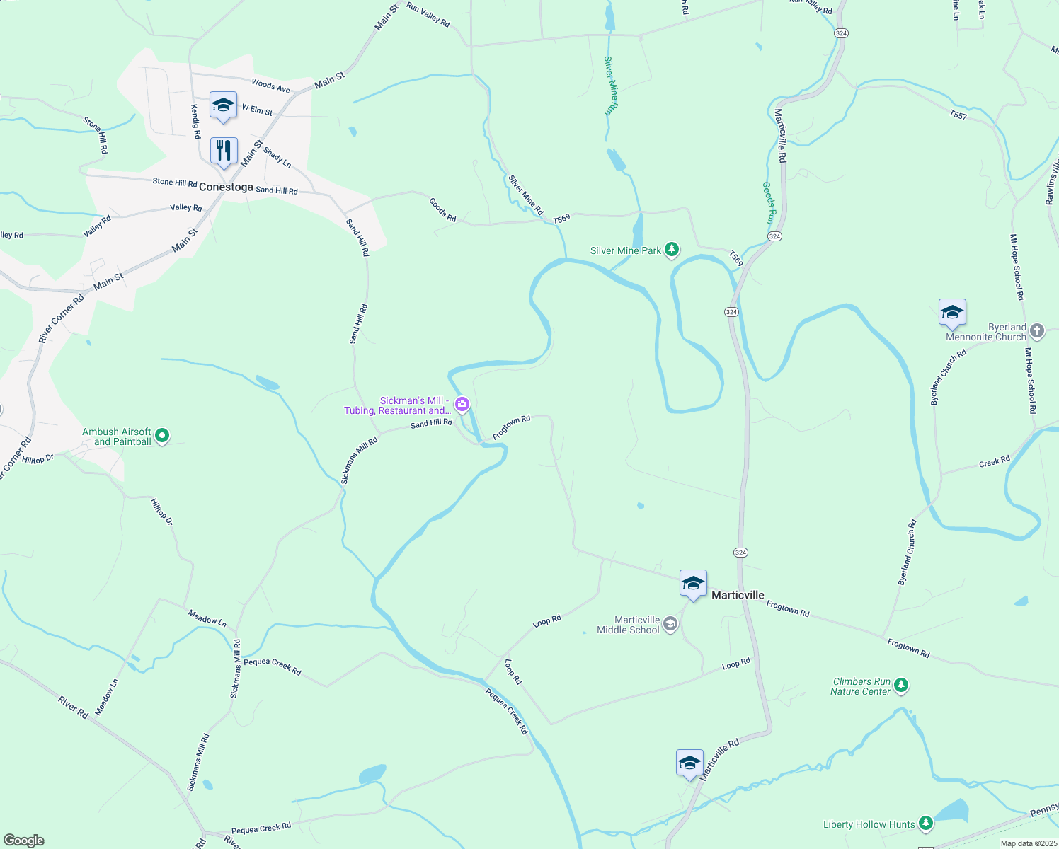 map of restaurants, bars, coffee shops, grocery stores, and more near 546 Frogtown Rd in Pequea