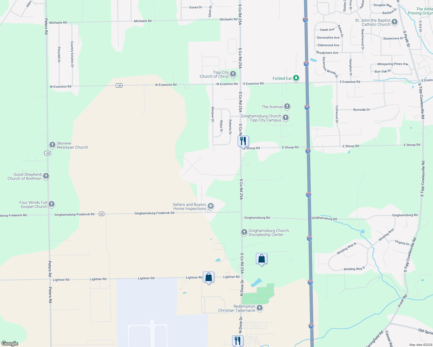 map of restaurants, bars, coffee shops, grocery stores, and more near 195 Kent Road in Tipp City