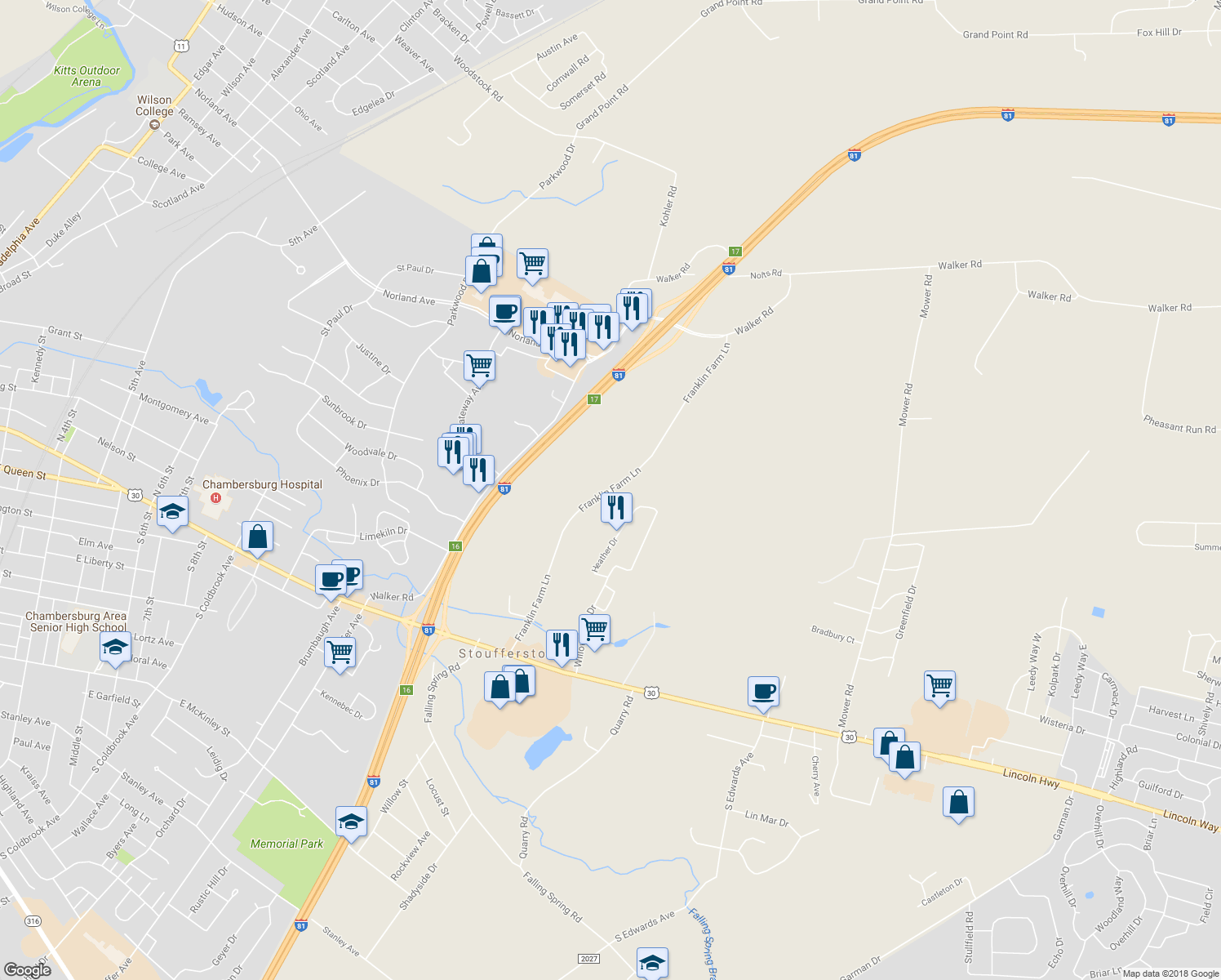 map of restaurants, bars, coffee shops, grocery stores, and more near Franklin Farm Lane in Chambersburg