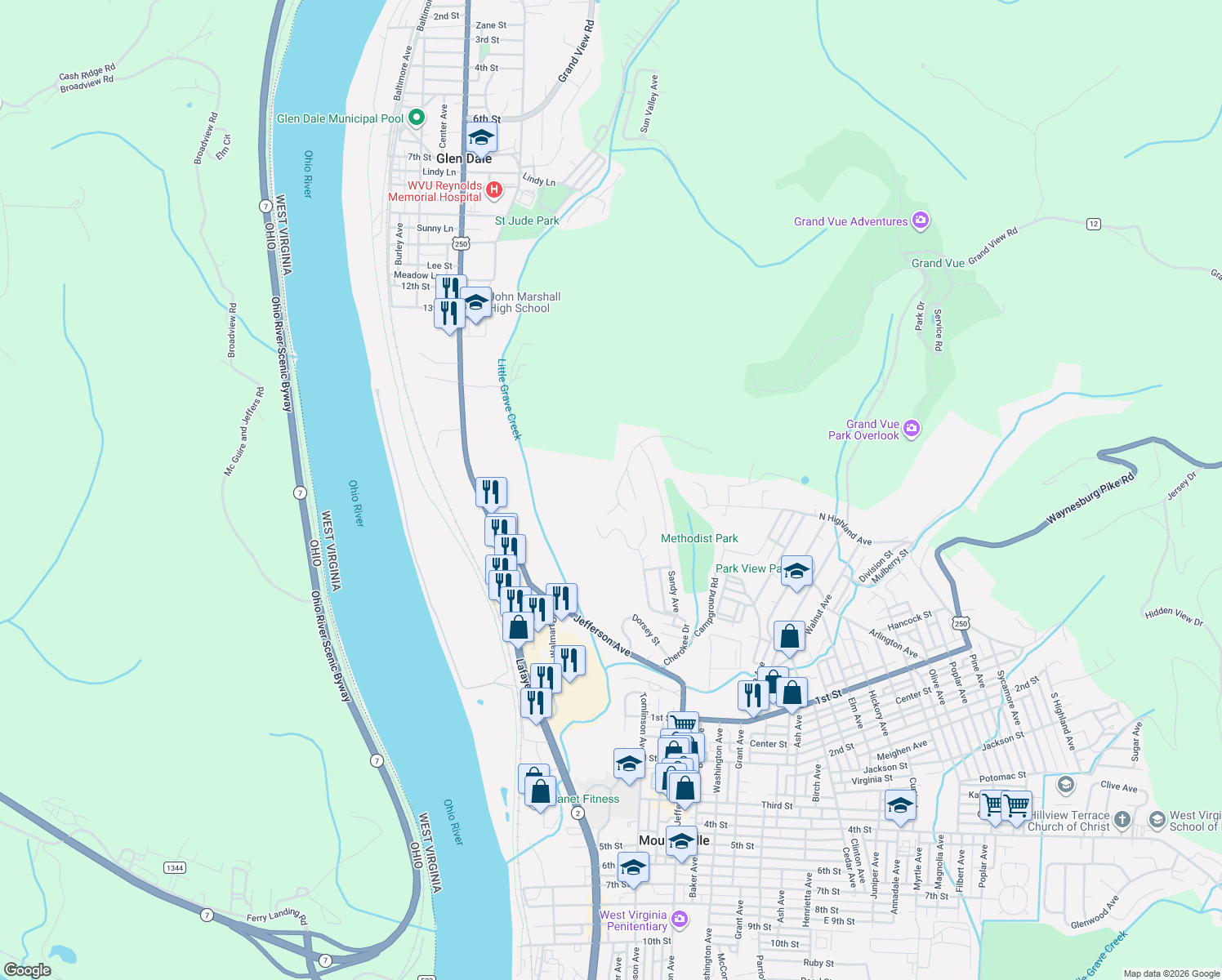 map of restaurants, bars, coffee shops, grocery stores, and more near 206 Blaney Ave in Moundsville