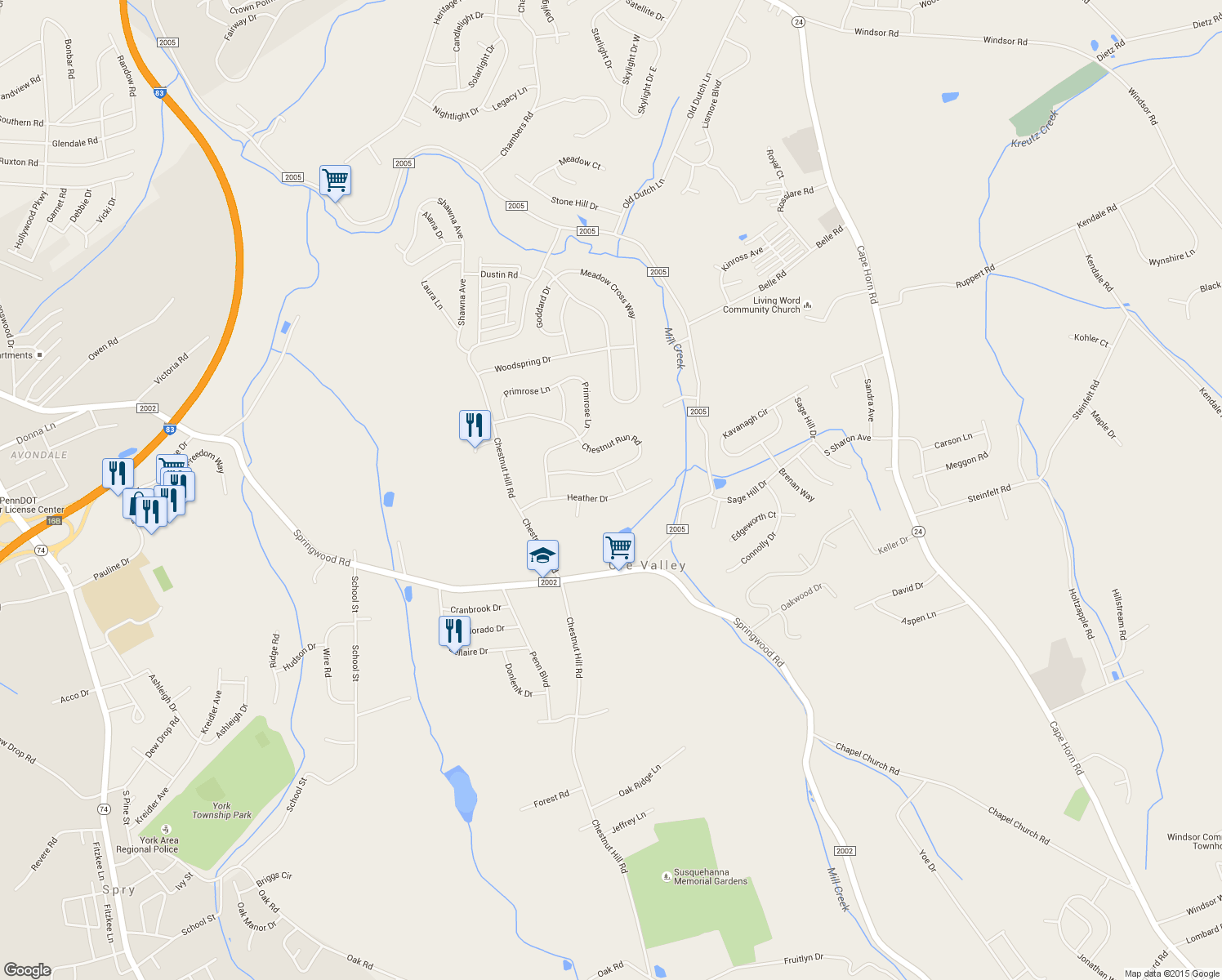 map of restaurants, bars, coffee shops, grocery stores, and more near 2755 Heather Drive in York