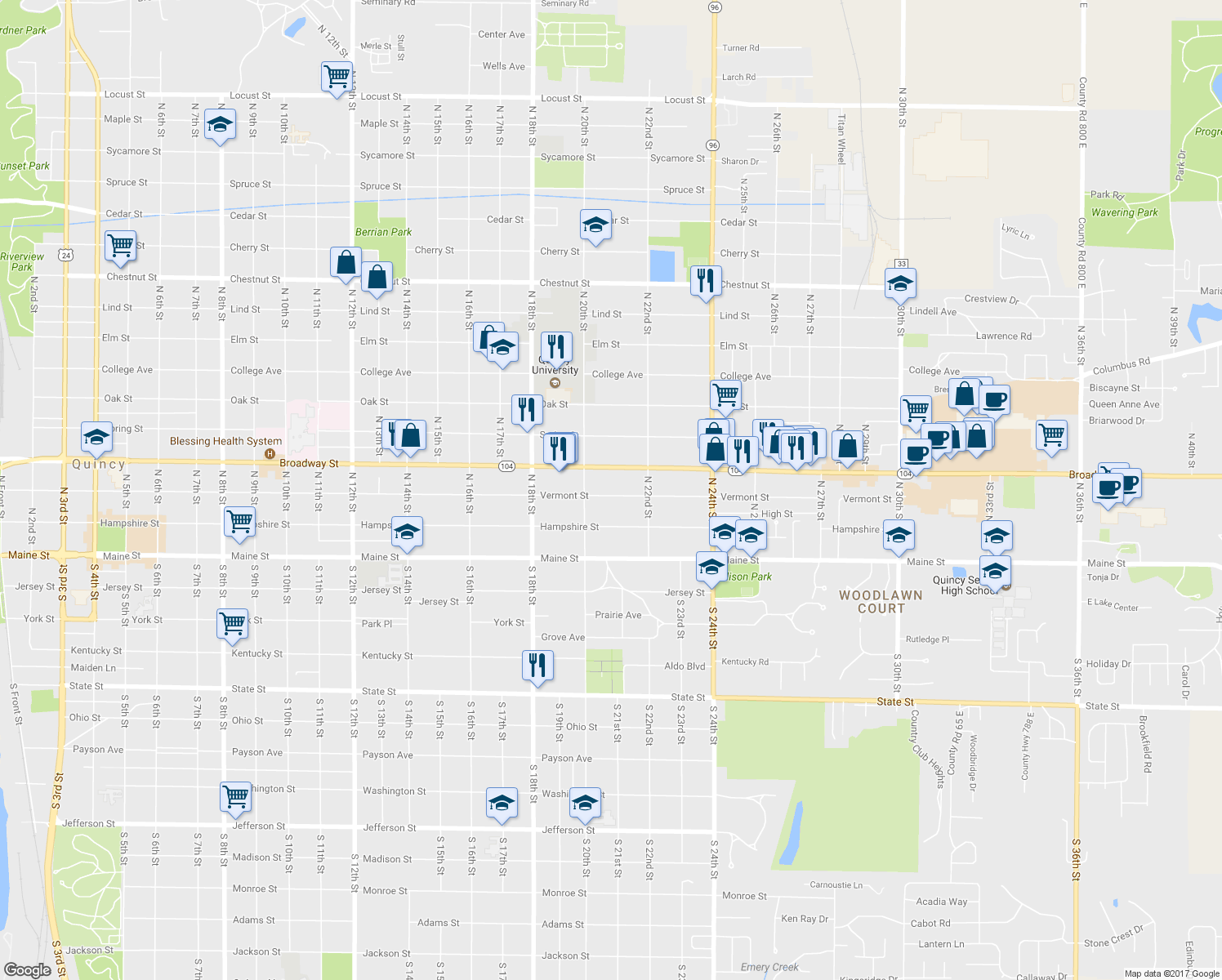 map of restaurants, bars, coffee shops, grocery stores, and more near 2037 Vermont Street in Quincy