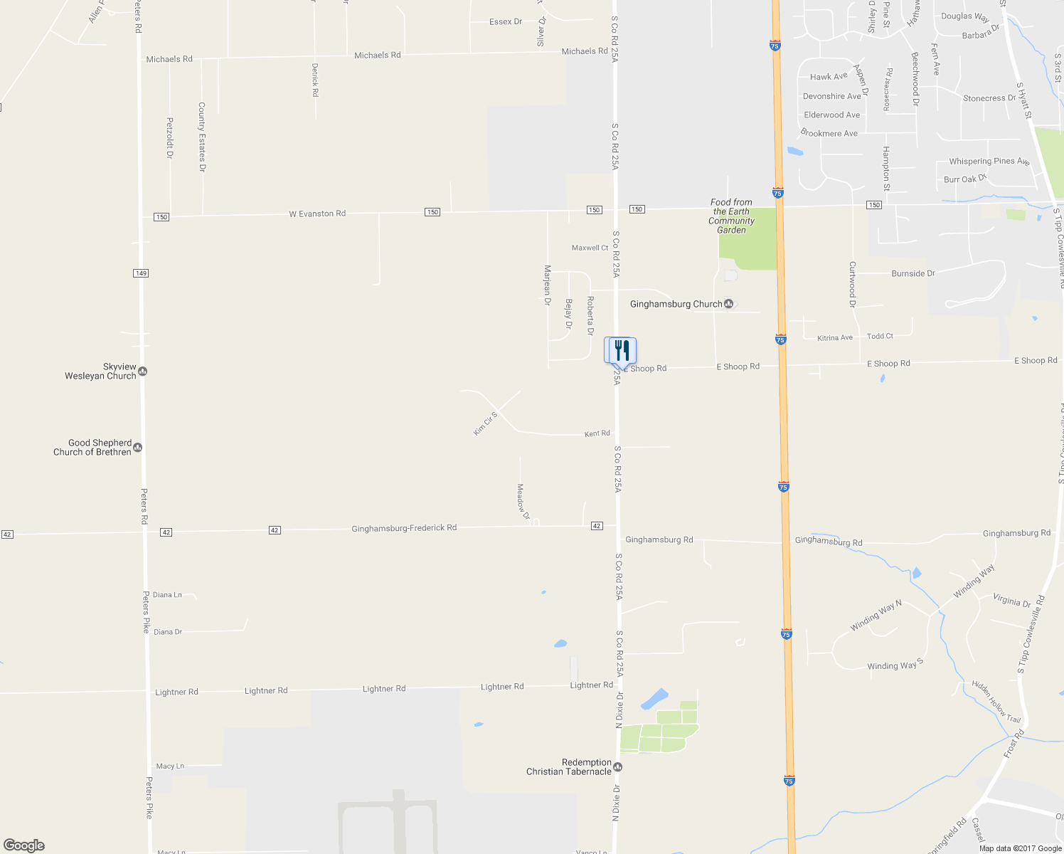 map of restaurants, bars, coffee shops, grocery stores, and more near 275 Kent Road in Tipp City