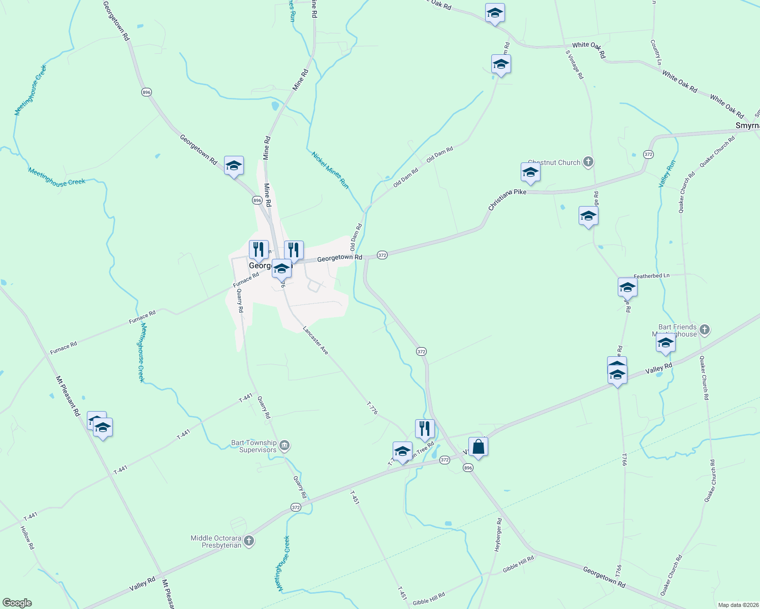 map of restaurants, bars, coffee shops, grocery stores, and more near 1222 Georgetown Road in Christiana